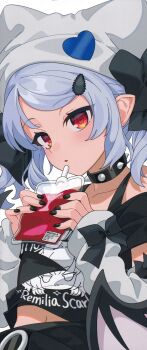 1girl absurdres alternate_costume bat_wings black_bow black_nails black_tank_top blood blood_bag blue_hair bow character_print clothes_writing collar collarbone gotoh_(nekocat) grey_arm_warmers grey_hat hair_bow hat highres holding looking_at_viewer medium_hair nail_polish navel red_eyes remilia_scarlet scan shirt short_sleeves simple_background single_off_shoulder solo spiked_collar spikes tank_top third-party_source torn_clothes torn_shirt touhou upper_body white_background wings