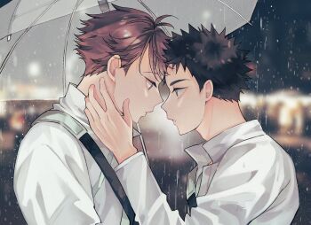 2boys black_hair blurry blurry_background brown_hair closed_mouth commentary crossbody_bag eye_contact from_side haikyuu!! hcerealq highres holding holding_umbrella iwaizumi_hajime jacket looking_at_another male_focus multiple_boys oikawa_tooru_(haikyuu!!) rain short_hair short_sideburns sideburns symbol-only_commentary umbrella yaoi