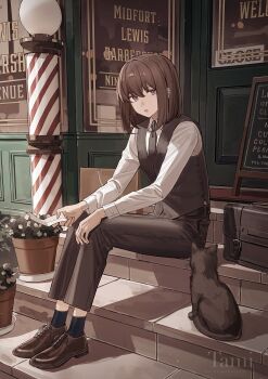 Rule 34 | 1girl, absurdres, artist name, barber pole, black cat, black necktie, black pants, black socks, black vest, blue eyes, brown hair, brown shoes, cat, commentary request, dress shirt, ear piercing, full body, highres, holding, holding paper, long sleeves, looking at viewer, necktie, open mouth, original, outdoors, pants, paper, piercing, plant, potted plant, reverse trap, shirt, shoes, short hair, sitting, socks, solo, storefront, tamitami, vest, watermark, white shirt