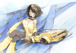 Rule 34 | 1girl, black eyes, black hair, black thighhighs, boots, breasts, cable, car, cleavage, detached sleeves, dress, earrings, hi fumiyo, highres, jewelry, looking at viewer, medium breasts, motor vehicle, original, personification, red lips, shadow, short hair, sitting, sports car, thighhighs, toyota, toyota celica, traditional media, vehicle request, yellow car, yellow dress, yellow footwear