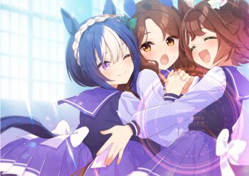 3girls :d ^_^ animal_ears blue_hair blush bow braid brown_eyes brown_hair cesario_(umamusume) closed_eyes closed_mouth commentary_request girl_sandwich group_hug hair_bun hair_rings horse_ears horse_girl horse_tail hug king_halo_(umamusume) koruri long_sleeves medium_hair multicolored_hair multiple_girls open_mouth pleated_skirt puffy_long_sleeves puffy_sleeves purple_eyes purple_shirt purple_skirt rhein_kraft_(umamusume) sandwiched school_uniform shirt short_hair sideways single_side_bun skirt smile sunlight tail team_ascella tracen_school_uniform two-tone_hair umamusume white_bow white_hair