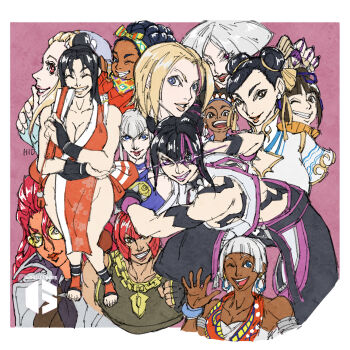 6+girls a.k.i._(street_fighter) black_hair blonde_hair blue_eyes bracelet breasts brown_eyes brown_hair cammy_white capcom chain chinese_clothes chun-li cleavage closed_eyes crimson_viper crossed_arms dark-skinned_female dark_skin double_bun dougi dreadlocks drill_hair earrings elena_(street_fighter) fingerless_gloves folded_fan folding_fan glasses gloves gold_chain grey_hair grin hair_bun halterneck han_juri hand_fan hidpict highres ingrid_(capcom) japanese_clothes jewelry kimberly_jackson large_breasts lily_hawk looking_at_viewer manon_legrand marisa_(street_fighter) mei_ling multicolored_hair multiple_girls muscular muscular_female neck_ring necklace ninja one_eye_closed open_mouth pelvic_curtain pink_hair ponytail purple_eyes red_eyes red_hair shiranui_mai short_hair smile spiked_bracelet spikes street_fighter street_fighter_6 studded_bracelet sunglasses toeless_legwear triangle_earrings twin_drills two-tone_hair very_dark_skin waving white_hair