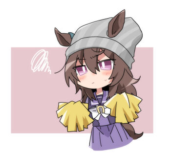 1girl animal_ears beanie beer_hsk blush bow brown_hair chibi closed_mouth commentary_request ears_through_headwear grey_hat hat horse_ears horse_girl horse_tail long_hair nakayama_festa_(umamusume) pink_background pleated_skirt pom_pom_(cheerleading) purple_eyes purple_shirt purple_skirt school_uniform shirt skirt small_sweatdrop solo squiggle striped_clothes striped_headwear sweat tail tracen_school_uniform two-tone_background umamusume v-shaped_eyebrows vertical-striped_clothes vertical-striped_headwear white_background white_bow