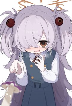 Rule 34 | 1girl, blue archive, blush, censored, dress, fake censor, grey hair, hair over one eye, halo, highres, kanoe (blue archive), long hair, mosaic censoring, mushroom, pinafore dress, sexually suggestive, shirt, simple background, sleeveless, sleeveless dress, waon (43ctw), white background