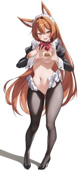 1girl absurdres animal_ear_fluff animal_ears artist_request bad_arca.live_id bad_id belt_collar black_shoes bow bowtie breasts clitoral_piercing collar commission fang full_body hair_between_eyes heart-shaped_boob_challenge high_heels highres juliet_sleeves large_breasts long_hair long_sleeves looking_at_viewer navel nipple_piercing nipples open_mouth orange_hair original piercing puffy_sleeves pussy pussy_piercing red_bow red_bowtie shoes simple_background skin_fang solo standing stomach uncensored very_long_hair white_background