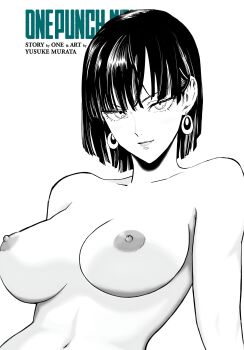 1girl absurdres bhat_karthik breasts earrings eyelashes fubuki_(one-punch_man) highres jewelry large_breasts lips looking_at_viewer lopsided-elk1011 monochrome murata_yuusuke nude_filter one-punch_man short_hair solo third-party_edit