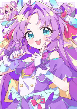 1girl :d ahoge akechi_anna aramedraw bare_shoulders blue_eyes blush border commentary_request cure_answer double_bun dress fingerless_gloves gloves grid_background hair_bun hair_intakes highres long_hair looking_at_viewer magical_girl meitantei_precure! nail_polish open_mouth outside_border parted_bangs pochi-tan precure purple_background purple_dress purple_hair purple_nails short_sleeves smile upper_body white_border white_gloves