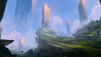 blue_sky cliff fog grass hill jjcanvas landscape original painterly pillar planet rock scenery science_fiction signature sky stone_tablet