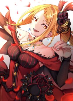 1girl :d bare_shoulders black_flower black_rose black_sleeves blonde_hair braid braided_bangs breasts choker cleavage collarbone detached_sleeves dress earrings feathers floating_hair flower hair_flower hair_ornament highres jewelry long_hair long_sleeves looking_at_viewer medium_breasts necklace nesigita_rezero off-shoulder_dress off_shoulder open_mouth orange_eyes petals ponytail priscilla_barielle re:zero_kara_hajimeru_isekai_seikatsu red_dress ring rose smile solo white_background