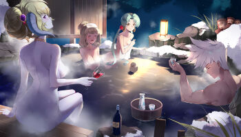 1boy 3girls alcohol animal ass blonde_hair blush bottle breasts brown_eyes character_request choko_(cup) cleavage commentary_request convenient_censoring covering_privates cup curled_horns drinking_glass earrings green_hair hair_between_eyes hair_bun hair_ornament holding holding_cup holding_towel hoop_earrings horns jewelry landius_(langrisser) langrisser langrisser_iv lantern light_brown_hair listell_(langrisser) long_hair low_twintails medium_breasts mixed-sex_bathing monkey multiple_girls night nude nude_cover onsen outdoors parted_bangs partially_submerged pointy_ears profile purple_eyes rachel_(langrisser) schelfaniel_(langrisser) shared_bathing silver_hair single_hair_bun sitting sky steam steam_censor tokkuri towel towel_on_head twintails very_long_hair water wine wine_bottle wine_glass yukishima_momo