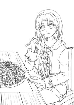 1girl asatsuki_kamo cecilia_lynne_adelhyde chair chopsticks closed_mouth coat collarbone commentary_request earrings food greyscale hairband highres jewelry looking_at_viewer monochrome pantyhose short_hair simple_background sitting skirt smile solo table vest white_background wild_arms wild_arms_1