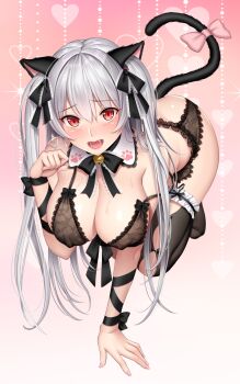 1girl all_fours animal_ears arm_ribbon arrow_(symbol) ass bad_id bad_pixiv_id bell black_bow black_bra black_ribbon black_thighhighs blush bow bra breasts cat_ears cat_tail cleavage covered_erect_nipples detached_collar fang female_focus frilled_thighhighs frills full_body garter_belt gradient_background grey_hair hair_ribbon harajuku_mimi heart highres jingle_bell lace lace-trimmed_bra lace_bra lace_trim large_breasts lingerie lipstick long_hair looking_at_viewer makeup no_shoes official_art open_mouth paw_pose pink_background pink_bow pink_lips re:shimashima red_eyes ribbon saliva solo strap_slip sweat tail tail_bow tail_ornament thighhighs tokyo_exe_girls two_side_up underwear very_long_hair