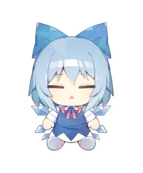Rule 34 | 1girl, blue bow, blue dress, blue hair, bow, bowtie, chibi, chibi only, cirno, closed eyes, collared shirt, commentary, dress, full body, hair bow, ice, ice wings, long sleeves, open mouth, pinafore dress, red bow, red bowtie, shirt, shoes, short hair, sia 6767, simple background, sitting, sleeveless, sleeveless dress, solo, touhou, triangle mouth, white background, white shirt, white shoes, wings