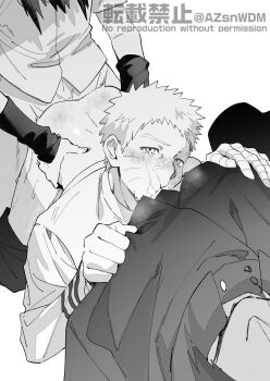3boys anal blush clothed_sex clothes_pull cum cum_on_body double_penetration facial fellatio greyscale hand_on_another&#039;s_hip highres male_focus male_penetrated mawaru_(ajan) monochrome multiple_boys naruto_(series) oral pants pants_pull short_hair simple_background tears uchiha_sasuke uzumaki_naruto watermark white_background yaoi