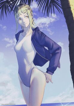 Rule 34 | 1girl, adjusting clothes, adjusting swimsuit, blonde hair, blue sky, breasts, chainsaw man, cloud, day, highleg, highleg one-piece swimsuit, highres, illust aqua, medium breasts, medium hair, ocean, one-piece swimsuit, orange eyes, outdoors, palm tree, sawatari akane (chainsaw man), sky, slit pupils, solo, swimsuit, tree, white one-piece swimsuit