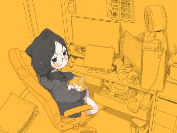 1girl animal black_eyes black_hair black_hoodie blush cat chair commentary computer computer_keyboard drawing_tablet gaming_chair glasses highres holding holding_animal holding_cat hood hood_down hoodie indoors limited_palette long_sleeves looking_at_viewer medium_hair monitor orange_cat original possi_(possummachine) possummachine round_eyewear sitting solo swivel_chair