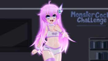 1girl 3d ahoge blue_eyes blush book bookshelf breasts censored choker clenched_hands covered_erect_nipples eyebrows female_focus fingernails flat_screen_tv gs-mantis hair_ornament hand_on_chest hand_on_own_chest highres hip_focus lips loli long_hair looking_at_viewer midriff nail_polish navel nepgear neptune_(series) nipples open_mouth pink_hair purple_sister saliva see-through_clothes shadow shorts smile solo standing stomach symbol-shaped_pupils teeth television thighs tongue underwear upper_teeth_only uvula