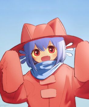 1other :d androgynous animal_hat blue_background blue_hair blue_scarf brown_coat brown_eyes brown_hat cat_hat child coat colored_sclera commentary english_commentary fang hat long_sleeves looking_at_viewer medium_hair niko_(oneshot) oneshot_(game) open_mouth other_focus pungsun scarf skin_fang sleeves_past_fingers sleeves_past_wrists smile solo upper_body yellow_sclera