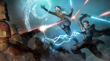 1girl 4boys armor black_boots blue_lightsaber boots brown_hair electricity electrokinesis energy_sword grey_pants gun helmet hifarry highres holding holding_gun holding_sword holding_weapon jedi laser lightsaber multiple_boys pants short_hair star_wars star_wars:_the_old_republic sword weapon