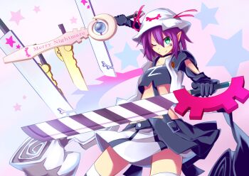 Rule 34 | >;), 1girl, ;), adapted object, advent cirno, character name, creator connection, crop top, dual wielding, facial mark, female focus, gloves, green eyes, hat, hat ribbon, holding, magarikado, merry nightmare, midriff, one eye closed, parody, pointy ears, purple hair, ribbon, robe, short hair, smile, solo, star (symbol), star symbol background, sword, touhou, v-shaped eyebrows, weapon, yumekui merry