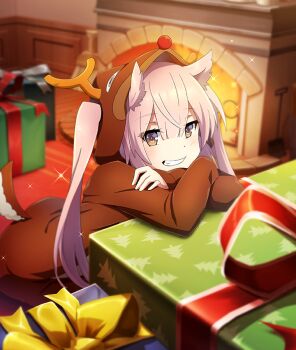 Rule 34 | 1girl, animal costume, antlers, blush, bodysuit, box, brown bodysuit, christmas, christmas present, cosplay, crossed arms, dot nose, fireplace, game cg, gift, gift box, grin, hair horns, horns, indoors, leaning on object, long sleeves, looking at viewer, mashiko kaoru, official art, pink hair, reindeer costume, rudolph the red nosed reindeer, rudolph the red nosed reindeer (cosplay), smile, solo, sparkle, tail, third-party source, toji no miko, toji no miko: kizamishi issen no tomoshibi, twintails, wooden floor
