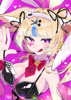 1girl absurdres alternate_costume animal_ears black_leotard black_ribbon blonde_hair blue_streaks breasts closed_mouth collar commentary_request detached_collar fake_animal_ears fox_ears fox_girl hair_ornament hair_ribbon heart heart-shaped_pupils highres hololive leotard looking_at_viewer medium_breasts omaru_polka pink_background playboy_bunny purple_eyes rabbit_ears rabbit_hole_(vocaloid) ribbon smile solo symbol-shaped_pupils tongue tongue_out virtual_youtuber vocaloid white_collar x_hair_ornament yuuppi