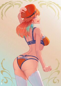 1girl adapted_costume adversarial_noise ass bra earrings feather_earrings feathers from_behind gradient_background gradient_hair green_hair hat highres hololive hololive_english jewelry lingerie looking_at_viewer looking_back multicolored_hair open_mouth orange_bra orange_hair orange_hat orange_panties panties pawz212 pink_eyes solo takanashi_kiara takanashi_kiara_(1st_costume) themed_bra themed_clothing themed_panties themed_underwear thighhighs underwear underwear_only virtual_youtuber white_thighhighs