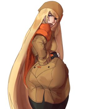 1girl arc_system_works ass blonde_hair blue_eyes coat fingerless_gloves gloves guilty_gear guilty_gear_strive hat highres long_hair looking_back millia_rage pants pivotkraner