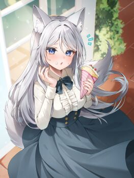 1girl absurdres animal_ear_fluff animal_ears blue_bow blue_bowtie blue_eyes blue_eyeshadow blue_skirt blush bow bowtie center_frills collared_shirt commission crepe day dress eyeshadow feet_out_of_frame food food_on_face frills grey_hair grey_tail hair_intakes high-waist_skirt highres holding holding_crepe holding_food ice_cream ice_cream_on_face long_hair long_skirt long_sleeves makeup notice_lines open_mouth original outdoors pixiv_commission runlan_0329 shirt skirt slit_pupils solo standing tail variant_set very_long_hair white_shirt wolf_ears wolf_girl wolf_tail