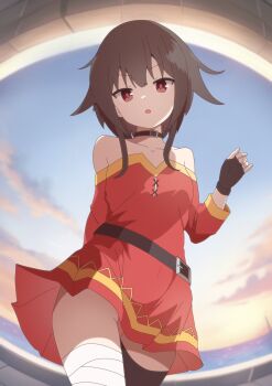 1girl :o arm_behind_back bandaged_leg bandages bare_shoulders black_choker black_gloves black_thighhighs blunt_bangs brown_hair choker commentary cowboy_shot day dress film_grain fingerless_gloves frown gloves gluteal_fold hand_up highres kono_subarashii_sekai_ni_shukufuku_wo! long_sleeves looking_at_viewer megumin no_headwear off-shoulder_dress off_shoulder open_mouth outdoors red_dress red_eyes short_hair_with_long_locks single_thighhigh sleeveless sleeveless_dress solo takabayashi4129 thigh_gap thighhighs v-shaped_eyebrows zettai_ryouiki