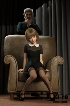 1boy 1girl 3d age_difference artist_name black_dress black_footwear blush collar dress facing_viewer flat_chest full_body indoors knees_together_feet_apart loli looking_at_viewer model short_sleeves si-ro sitting standing tagme thighhighs white_collar wooden_floor