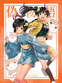 Rule 34 | >:d, 10s, 2girls, :3, :d, ahoge, araragi karen, araragi tsukihi, black hair, boyaking, brown eyes, caricature, food-themed hair ornament, furisode, hair ornament, hood, hoodie, japanese clothes, jumping, kimono, long hair, long legs, midriff, monogatari (series), multiple girls, nisemonogatari, obi, open mouth, outside border, ponytail, red eyes, sash, short hair, short kimono, shorts, siblings, sisters, smile, translated, v-shaped eyebrows