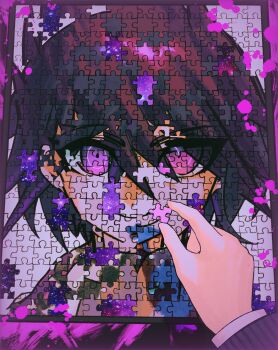 Rule 34 | 1boy, absurdres, black hair, blood, checkered clothes, checkered scarf, commentary, danganronpa (series), danganronpa v3: killing harmony, flipped hair, galaxy background, hair between eyes, highres, holding puzzle piece, long sleeves, looking at viewer, male focus, momota kaito, oma kokichi, out of frame, pink blood, portrait, purple eyes, purple hair, purple theme, puzzle, puzzle piece, ringed eyes, ronpa aohama, scarf, short hair, smile, solo focus