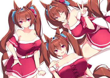 Rule 34 | 1girl, absurdres, animal ears, bare shoulders, blush, breasts, brown hair, closed mouth, collarbone, commentary request, daiwa scarlet (umamusume), dress, fang, hair between eyes, hair intakes, highres, horse ears, horse girl, horse tail, kanzakietc, large breasts, large variant set, long hair, looking at viewer, multiple views, one eye closed, open mouth, red dress, red eyes, simple background, skin fang, smile, tail, tiara, twintails, umamusume, v, variant set, very long hair