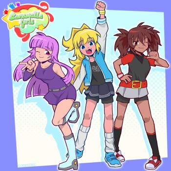 3girls arm_up blonde_hair breasts brown_hair caramella_girls clothes_writing commentary copyright_name dark-skinned_female dark_skin dress english_commentary fangs flat_chest full_body highres leg_up long_hair looking_at_viewer medium_breasts mindy_(caramella_girls) multiple_girls nadine_(caramella_girls) one_eye_closed open_mouth petite ponytail purple_hair remixed_records short_hair short_twintails skirt smile tan twintails v vera_(caramella_girls) verafan4ever