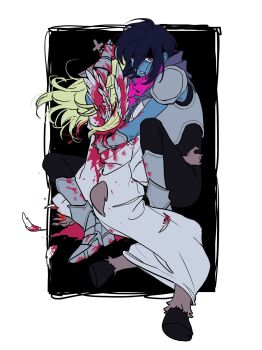 Rule 34 | 1girl, 1other, antlers, armor, armored boots, black hair, black unitard, blonde hair, blood, bloody wings, blue skin, boots, colored skin, commentary request, deer antlers, deer girl, deer tail, deltarune, feathered wings, feathers, highres, hooves, horns, korean commentary, kris (dark world) (deltarune), kris (deltarune), long hair, medium hair, noelle holiday, noelle holiday (dark world), pink scarf, r0ut3, red eyes, robe, scarf, shoulder armor, sweat, tail, utdr (toby fox), white robe, white wings, wings