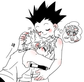 2boys armpits artist_request blush caressing cat child closed_eyes gon_freecss hug hunter_x_hunter killua_zoldyck madhouse multiple_boys shirt shorts shounen_jump sleeveless sleeveless_shirt smile spiked_hair yaoi