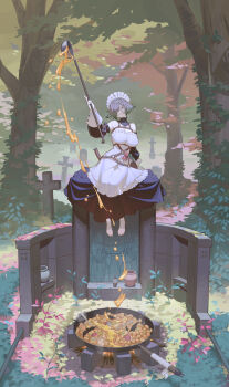 1girl breasts charlotte_(timbougami) closed_mouth cooking detached_sleeves dress fire frilled_dress frills frying_pan graveyard grey_eyes grey_hair harness highres holding holding_ladle ladle large_breasts maid_headdress one_eye_covered original plant potion short_hair sitting solo strapless strapless_dress timbougami tombstone tree undead urn