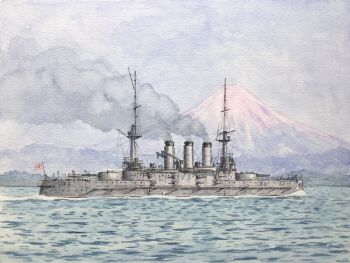Rule 34 | atelier bono, battleship, cloud, cloudy sky, commentary request, highres, hizen (battleship), imperial japanese navy, mast, military vehicle, mount fuji, mountain, mountainous horizon, ocean, original, painting (medium), rising sun flag, sailing, ship, ship turret, sky, smoke, smokestack, sunburst, traditional media, warship, watercolor (medium), watercraft