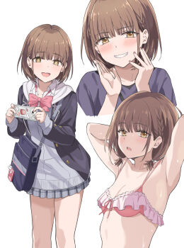 1girl arms_behind_head bag bag_charm bikini black_jacket blazer bow bowtie breasts brown_eyes brown_hair cardigan cellphone charm_(object) commentary_request grey_cardigan grey_skirt highres holding holding_phone jacket long_sleeves miniskirt multiple_views open_mouth phone pink_bikini pink_bow pink_bowtie pleated_skirt rasahan school_uniform seifuku_kanojo short_hair simple_background skirt small_breasts smartphone smile sparkling_eyes swimsuit tamayori_himari white_background