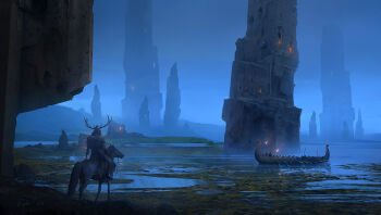 1boy antlers blue_sky commentary english_commentary fog from_behind horns horse horseback_riding lake landscape longship night original painterly raphael-lacoste riding rock scenery shore signature sky torch tower viking window