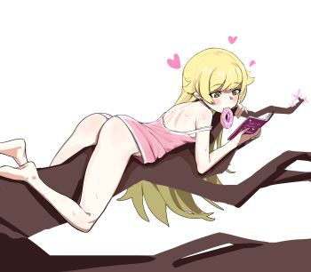 1girl ass bare_shoulders blonde_hair blush book bottomless cinn_angl convenient_censoring donut eating female_focus food from_side full_body happy loli long_hair lying matching_hair/eyes monogatari_(series) naked_shirt on_stomach oshino_shinobu pink_shirt reading shirt simple_background solo tree white_background yellow_eyes