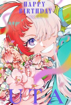 1girl absurdres asymmetrical_bangs birthday blue_sleeves bouquet character_name commentary_request dated dress flower frilled_sleeves frills grin happy_birthday headphones heart_blody highres holding holding_bouquet looking_at_viewer multicolored_hair one_piece one_piece_film:_red pink_flower red_hair single_sleeve smile solo two-tone_hair upper_body uta_(one_piece) white_dress white_flower white_hair