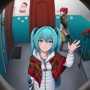2girls :3 absurdres ahoge apartment aqua_eyes aqua_hair artguild25 atb bag bell bell_ringing carpet christmas christmas_ornaments coat commentary concrete door drill_hair embroidery eye_contact fisheye from_inside hair_between_eyes hair_ornament happy_new_year hatsune_miku highres holding holding_bag indoors jacket kasane_teto light_smile logo long_hair long_sleeves looking_at_another looking_at_viewer multiple_girls new_year peephole plastic_bag pov pov_peephole red_eyes red_hair shirt smile stairs translated twin_drills twintails ukraine ukrainian_clothes ukrainian_commentary ukrainian_text very_long_hair vocaloid vyshyvanka waving winter winter_clothes winter_coat
