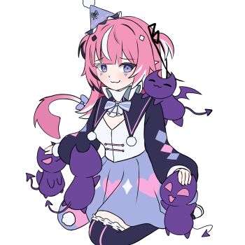 1girl :3 =_= absurdres black_hair black_ribbon blue_bow blue_skirt blush bow camila_(cami_3.0)_(vtuber) camila_(vtuber) cimp_(camila_(vtuber)) closed_eyes closed_mouth collar colored_eyelashes commentary creature creature_on_shoulder demon_tail diamond_hair_ornament english_commentary facial_mark flat_color frilled_collar frills full_body hair_ribbon hand_on_another's_head hat headpat heart heart_print highres imp indie_virtual_youtuber kneeling long_hair mismatched_eyelashes mismatched_thighhighs multicolored_hair on_shoulder open_mouth party_hat pink_hair pinkuisa pointy_ears purple_hat ribbon shirt simple_background skirt smile standing streaked_hair tail tail_bow tail_ornament triangle triangle_facial_mark two_side_up virtual_youtuber white_background white_hair