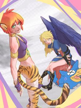 angel_wings animal_ears ass blonde_hair boots breasts breath_of_fire breath_of_fire_ii bridal_gauntlets bustier cat_ears cat_tail choker commentary_request dress facial_mark feathered_wings fingerless_gloves full_body gloves green_eyes higashikeisuke9 highres katt_(breath_of_fire) knee_boots long_hair looking_at_viewer monster nina_(breath_of_fire_ii) no_pants open_mouth orange_hair pointy_ears purple_wings short_hair side_slit sitting smile tail thighs wings