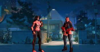 2girls 3d blonde_hair blue_leotard cammy_white female_focus han_juri heart heart_hands highres leotard multicolored_hair multiple_girls night official_alternate_costume official_alternate_hairstyle outdoors sky source_request street_fighter