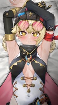 1girl absurdres armpits arms_up bandana_around_arm beanie blush braid braided_hair_rings breasts buttons cape center_opening closed_mouth collared_cape commentary covered_navel dart3_9 detached_sleeves ear_piercing eyewear_on_head fang fang_out from_above genshin_impact hair_between_eyes hair_rings hat head_on_pillow highres jahoda_(genshin_impact) jewelry leotard long_hair looking_at_viewer lying mechanical_arms medium_breasts no_bra on_back pendant piercing pillow pink-tinted_eyewear prosthesis prosthetic_arm raised_inner_eyebrows single_detached_sleeve single_mechanical_arm skin_fang smile solo star-shaped_pupils star_(symbol) straight-on sunglasses sweat symbol-shaped_pupils tinted_eyewear upper_body variant_set yellow-framed_eyewear yellow_eyes yellow_pupils