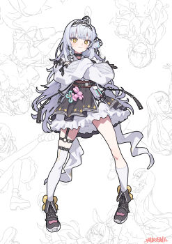 Rule 34 | 1girl, absurdres, artist name, asymmetrical legwear, black boots, blush, boots, closed mouth, commentary request, crossed arms, dress, full body, ginjo saine, grey hair, hairband, highres, long hair, looking at viewer, mole, mole under eye, niboshidrip, socks, solo, thigh strap, thighhighs, uneven legwear, virtual youtuber, vspo!, white background, white dress, white socks, white thighhighs, yellow eyes