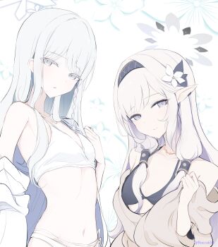 2girls absurdres alternate_costume bare_shoulders bikini black_bikini black_hairband blue_archive blunt_bangs braid breasts closed_mouth collarbone commentary_request cowboy_shot earclip flower grey_eyes grey_hair grey_halo hair_flower hair_ornament hair_over_shoulder hair_tubes hairband halo highres himari_(blue_archive) long_hair look-alike looking_at_viewer mole mole_under_eye multiple_girls nagusa_(blue_archive) nagusa_(swimsuit)_(blue_archive) navel official_alternate_costume parted_lips pointy_ears purple_eyes sakurano_rocco sidelocks simple_background single_braid small_breasts smile stomach swimsuit tsurime twitter_username upper_body very_long_hair white_background white_bikini white_flower white_hair white_halo